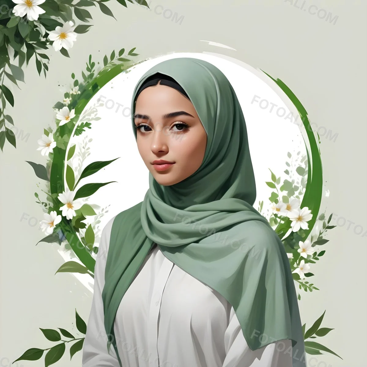An Arab Girl 18 Years Old Light Skin With A White Hijab And A White Shirt White Circle In The Background With Green Leaves And Flowers 29 1dcb