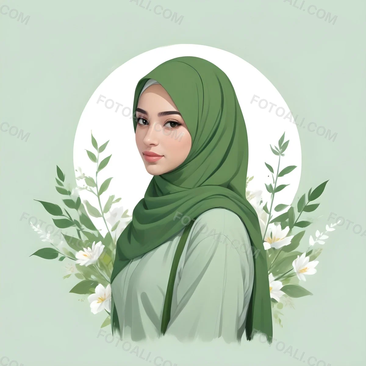 An Arab Girl 18 Years Old Light Skin With A White Hijab And A White Shirt White Circle In The Background With Green Leaves And Flowers 32 0a9c