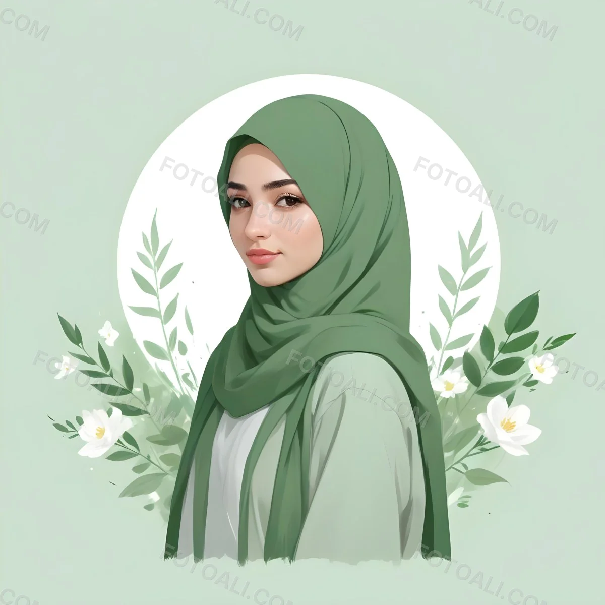 An Arab Girl 18 Years Old Light Skin With A White Hijab And A White Shirt White Circle In The Background With Green Leaves And Flowers 33 A4e6