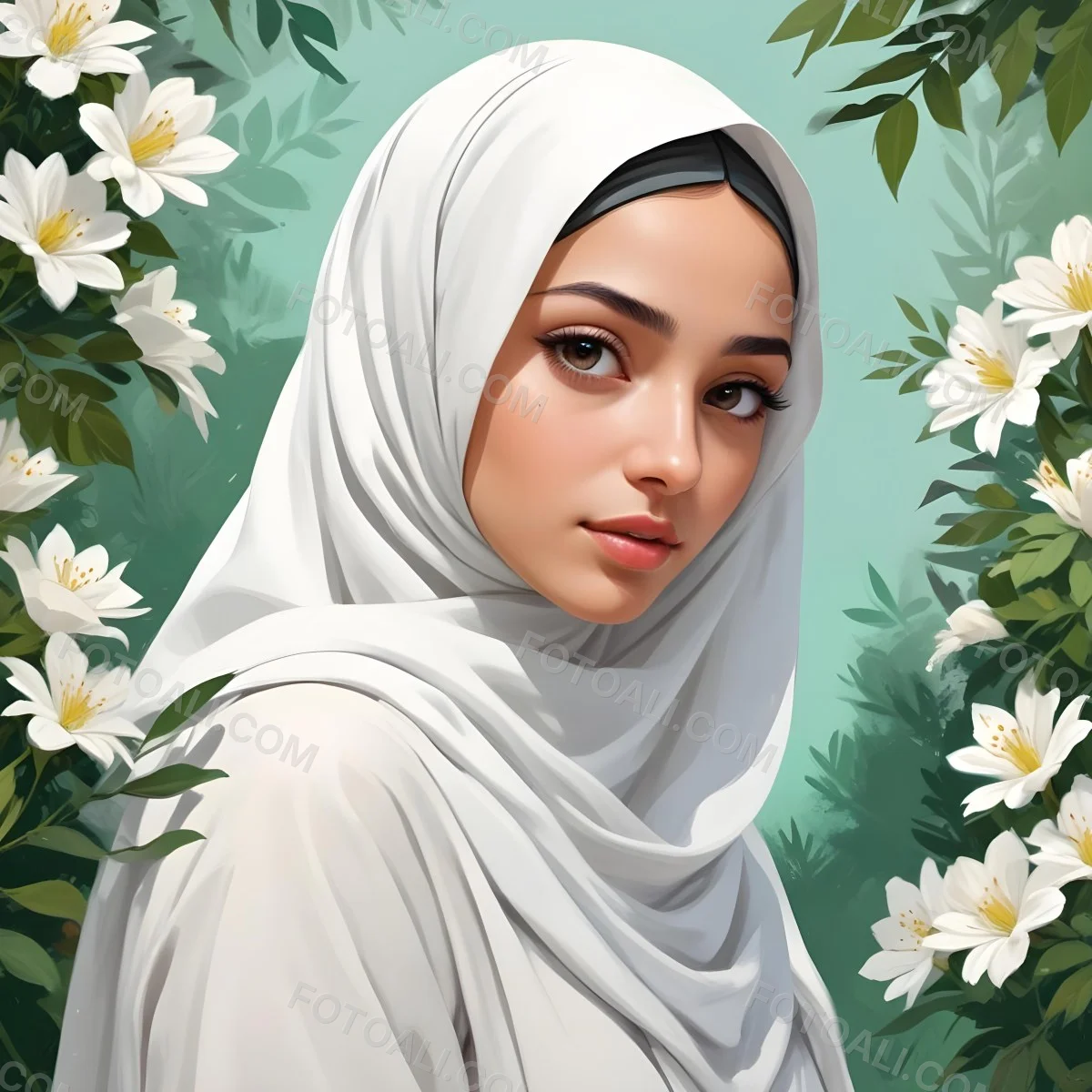 An Arab Girl 18 Years Old Light Skin With A White Hijab And A White Shirt White Circle In The Background With Green Leaves And Flowers 4 6cac