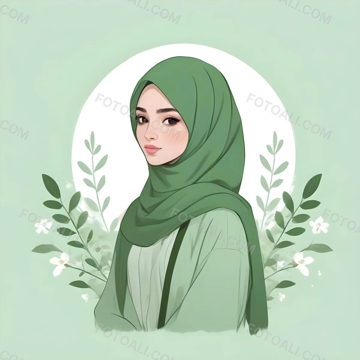 An Arab Girl 18 Years Old Light Skin With A White Hijab And A White Shirt White Circle In The Background With Green Leaves And Flowers 5 07b2