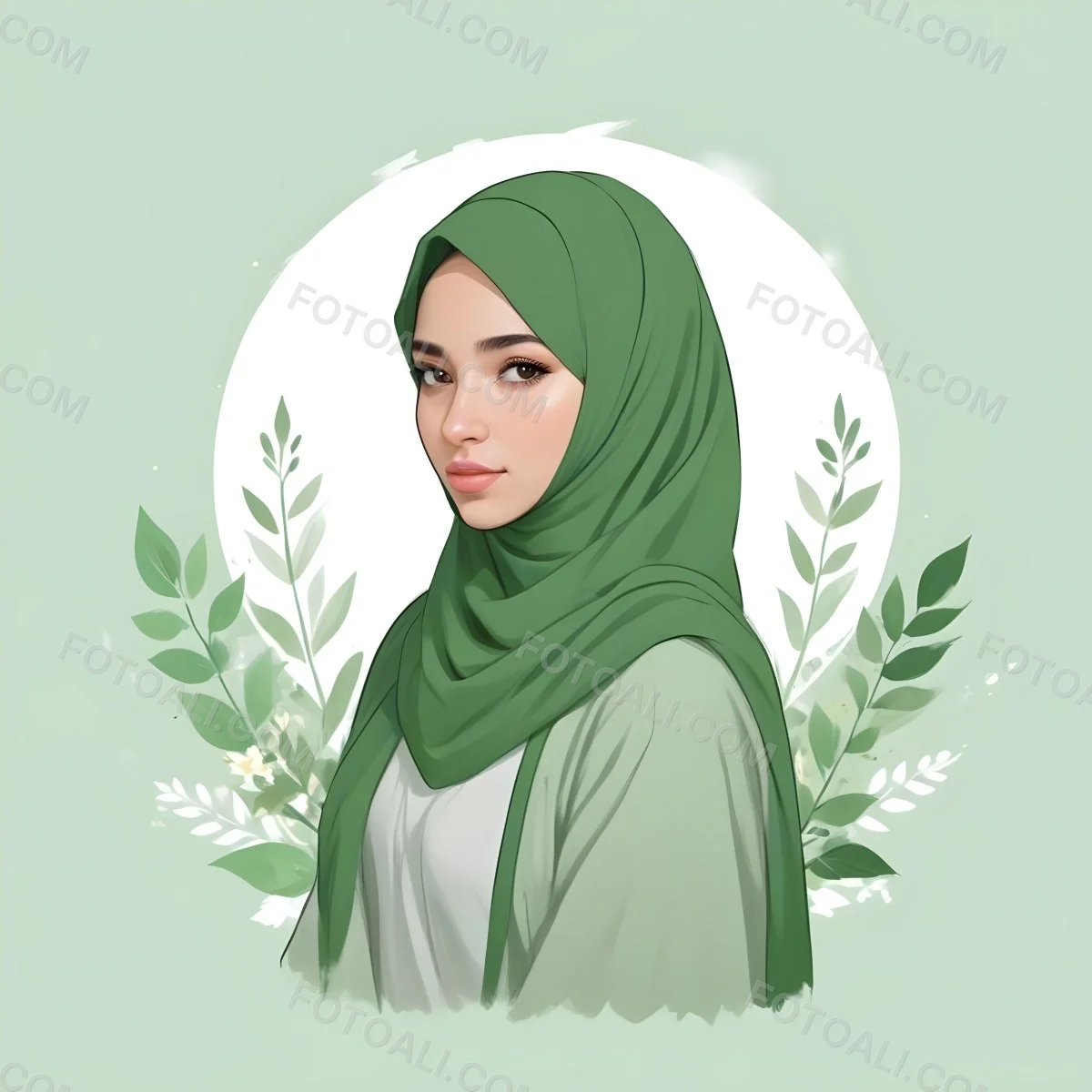 An Arab Girl 18 Years Old Light Skin With A White Hijab And A White Shirt White Circle In The Background With Green Leaves And Flowers 7 C5c0