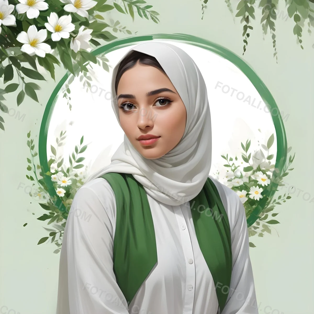 An Arab Girl 18 Years Old Light Skin With A White Hijab And A White Shirt White Circle In The Background With Green Leaves And Flowers 8 B676