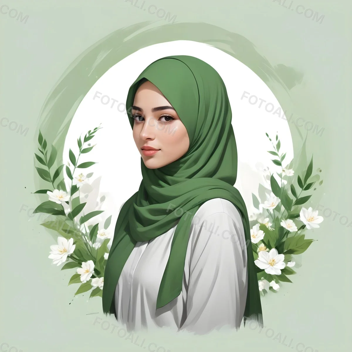 An Arab Girl 18 Years Old Light Skin With A White Hijab And A White Shirt White Circle In The Background With Green Leaves And Flowers 9 00a5