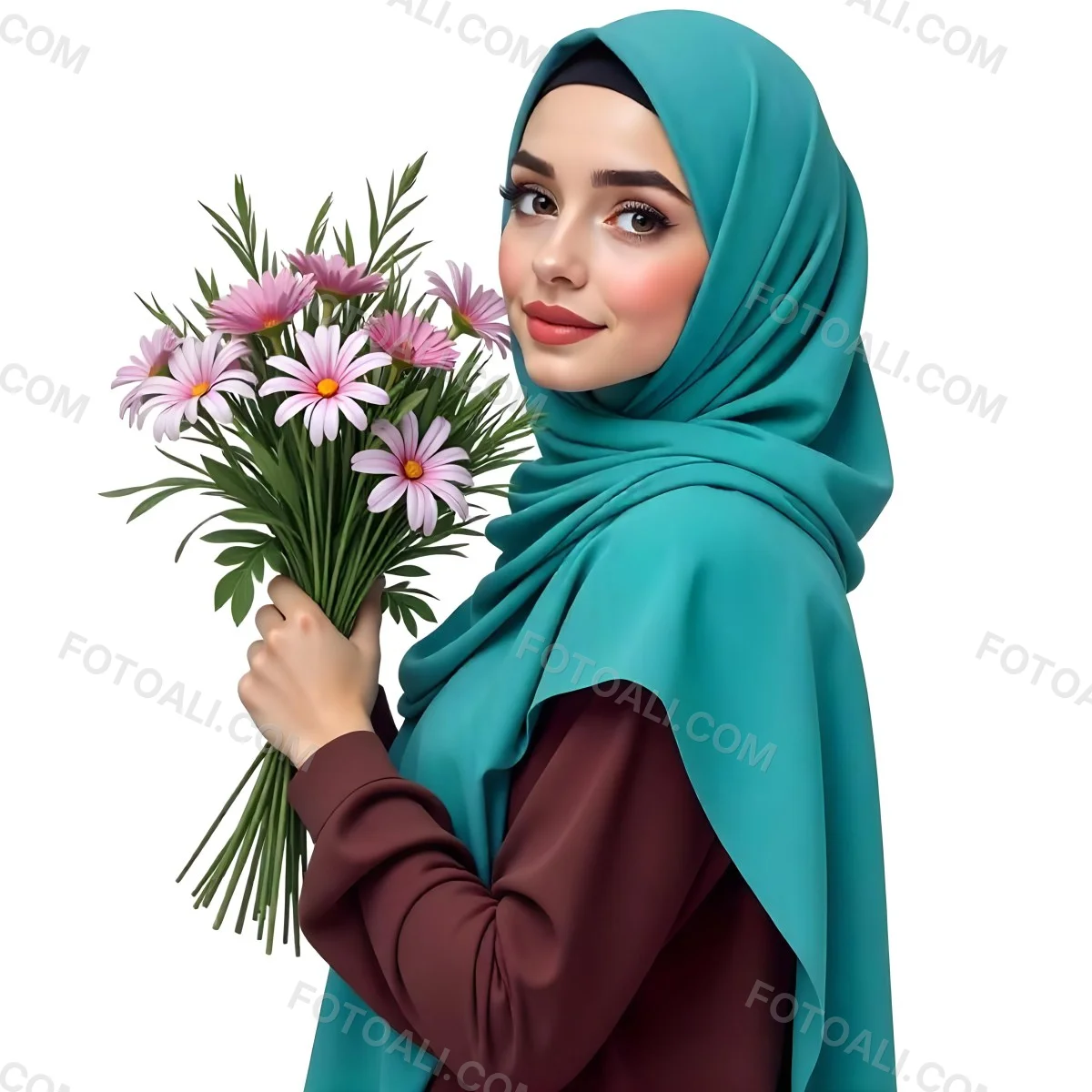 An Arab Woman 22 Years Old With A White Hijab Holding A Bouquet Of Flowers In A White Background 101 1c57