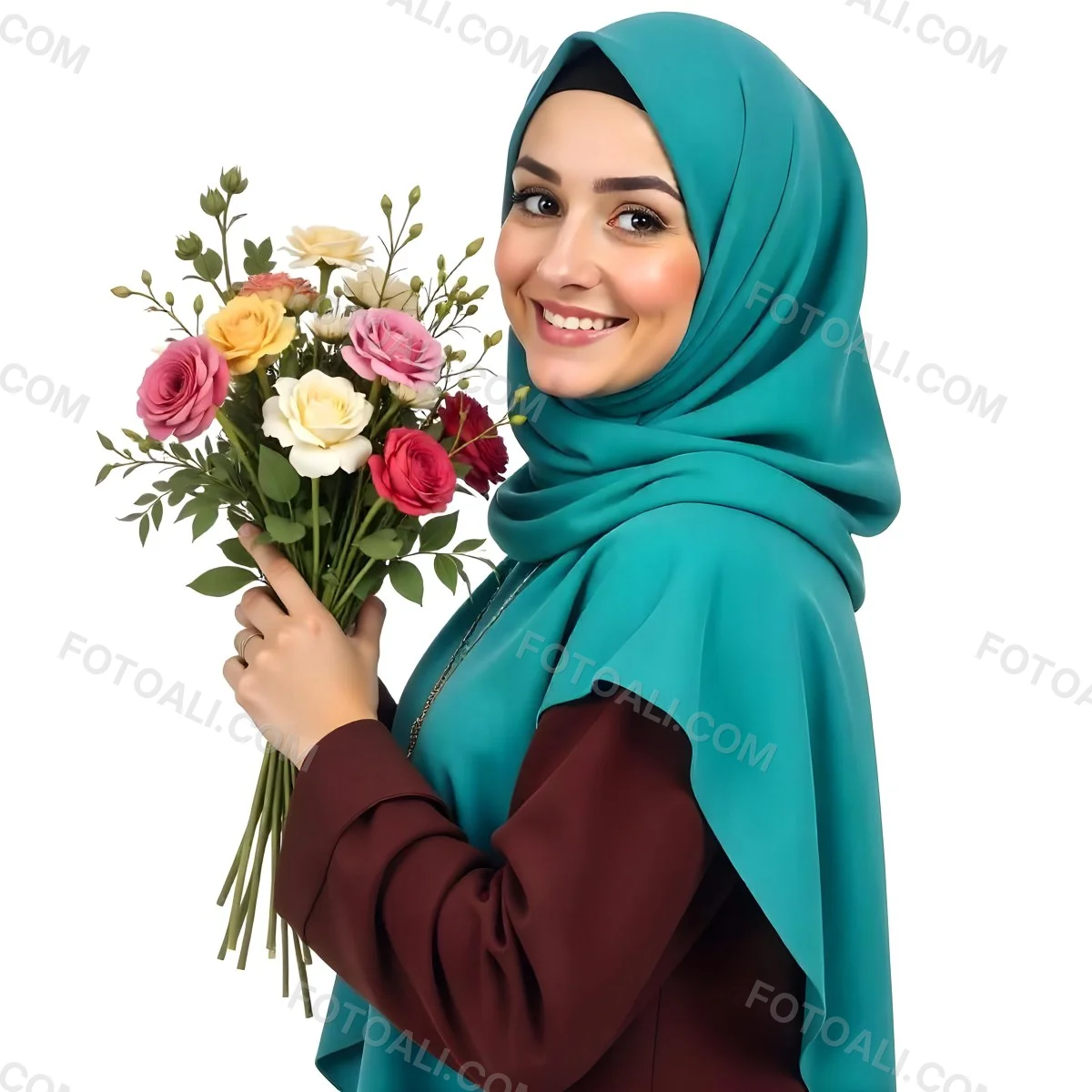 An Arab Woman 22 Years Old With A White Hijab Holding A Bouquet Of Flowers In A White Background 109 1875