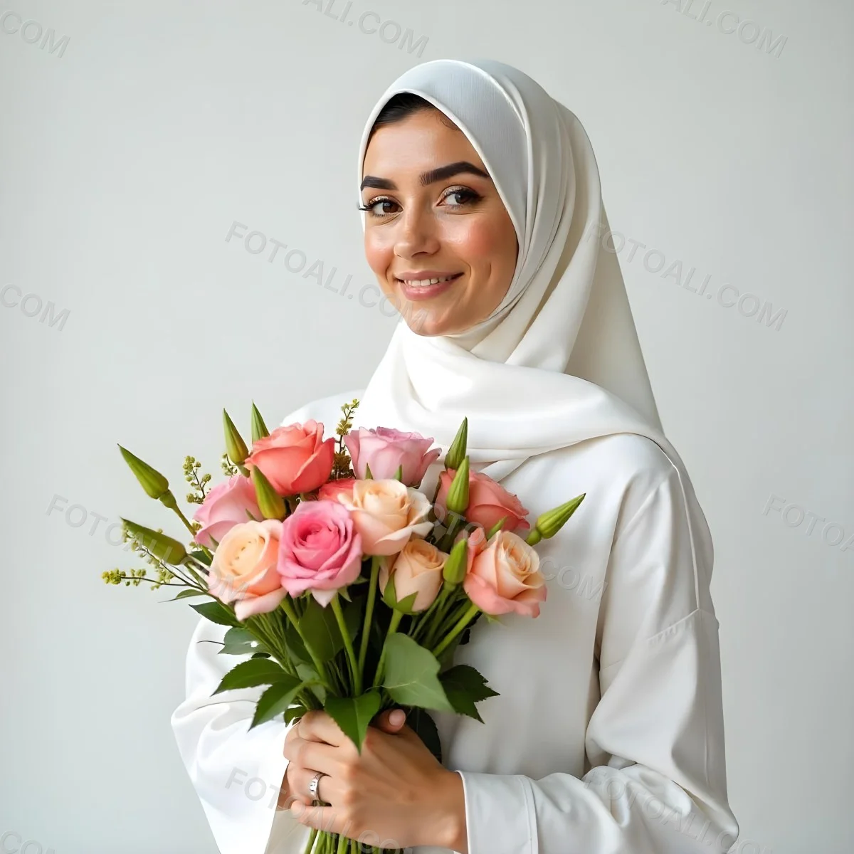 An Arab Woman 22 Years Old With A White Hijab Holding A Bouquet Of Flowers In A White Background 2 A064