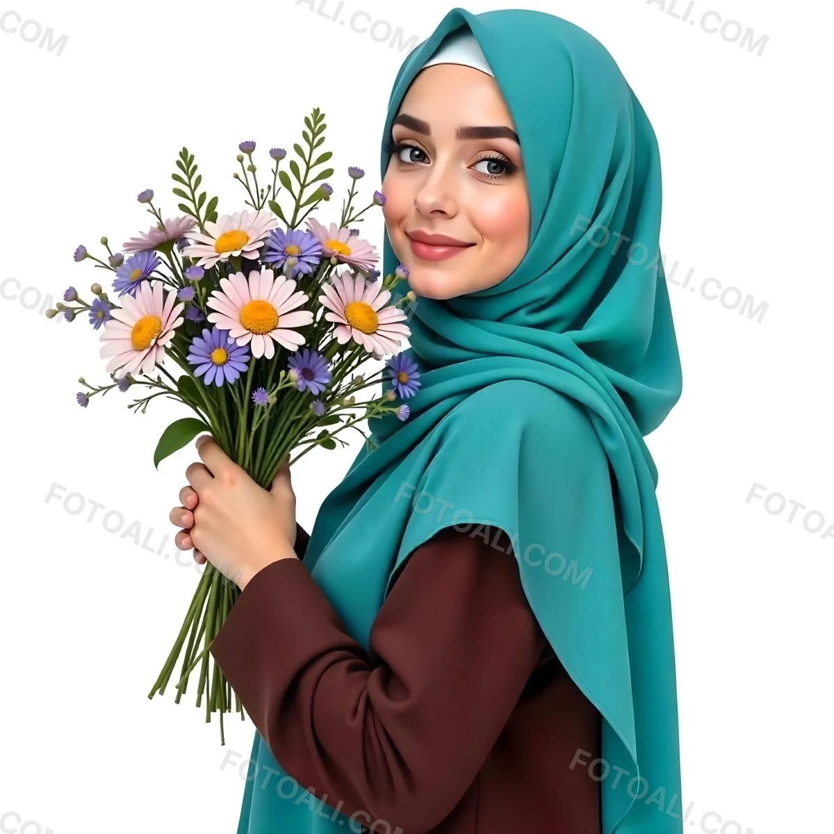An Arab Woman 22 Years Old With A White Hijab Holding A Bouquet Of Flowers In A White Background 23 E75d