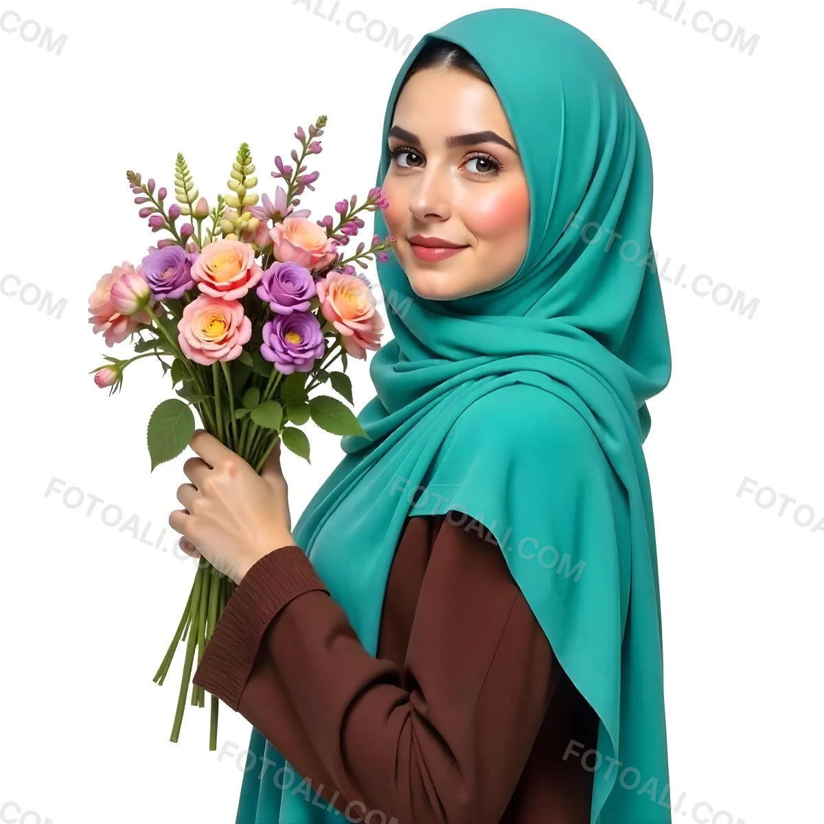 An Arab Woman 22 Years Old With A White Hijab Holding A Bouquet Of Flowers In A White Background 41 6bfa