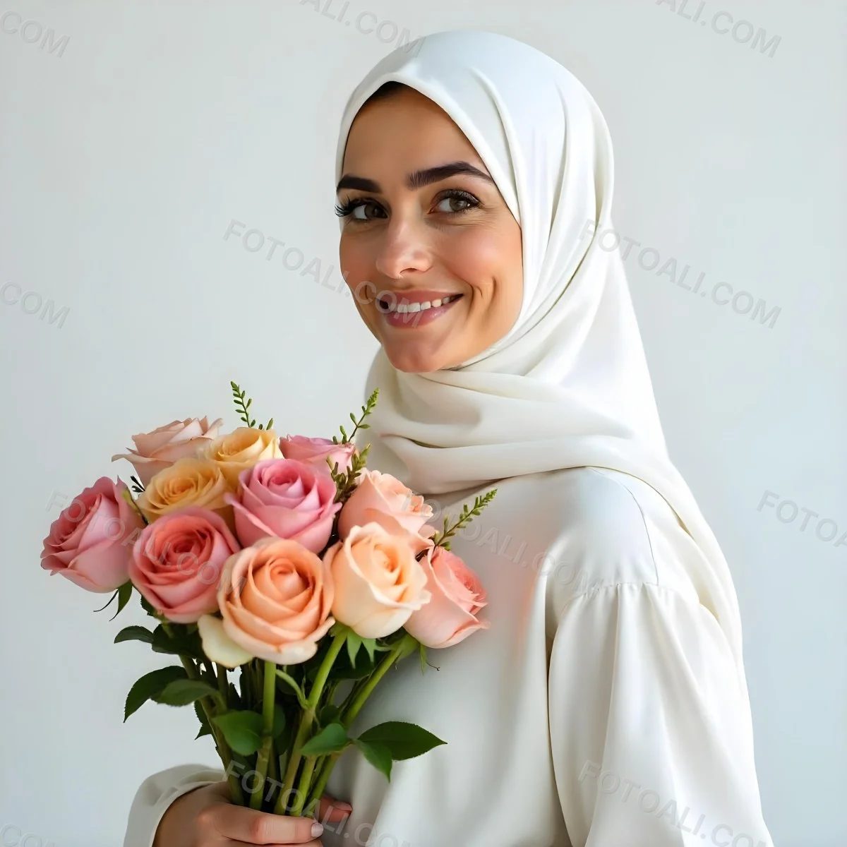 An Arab Woman 22 Years Old With A White Hijab Holding A Bouquet Of Flowers In A White Background 66 0dd5