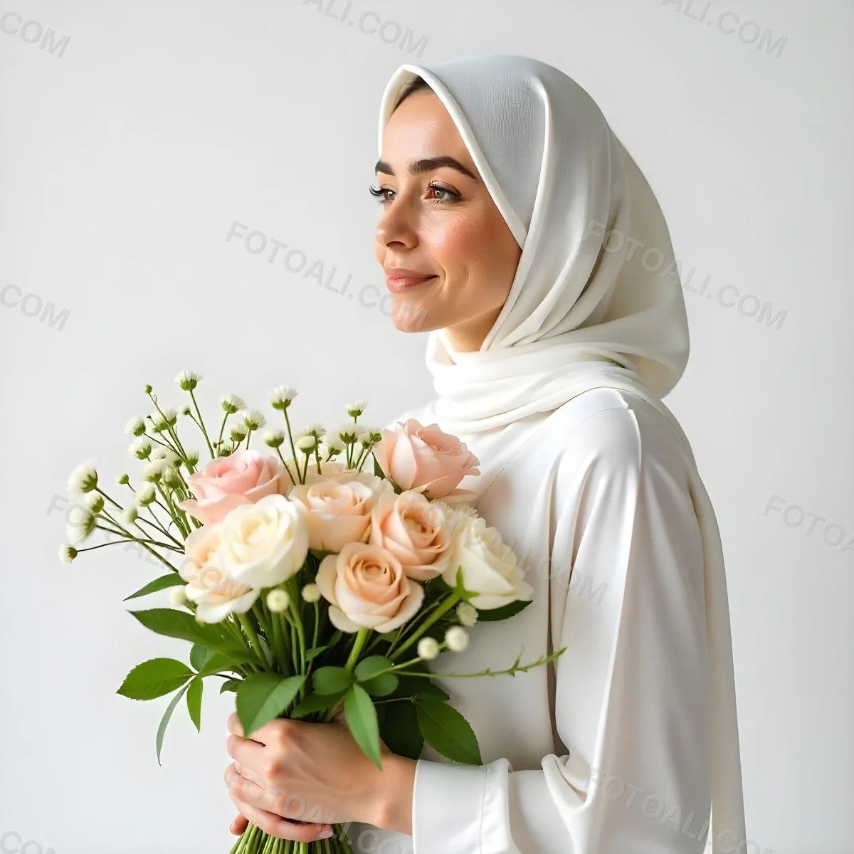 An Arab Woman 22 Years Old With A White Hijab Holding A Bouquet Of Flowers In A White Background 7 D3cc
