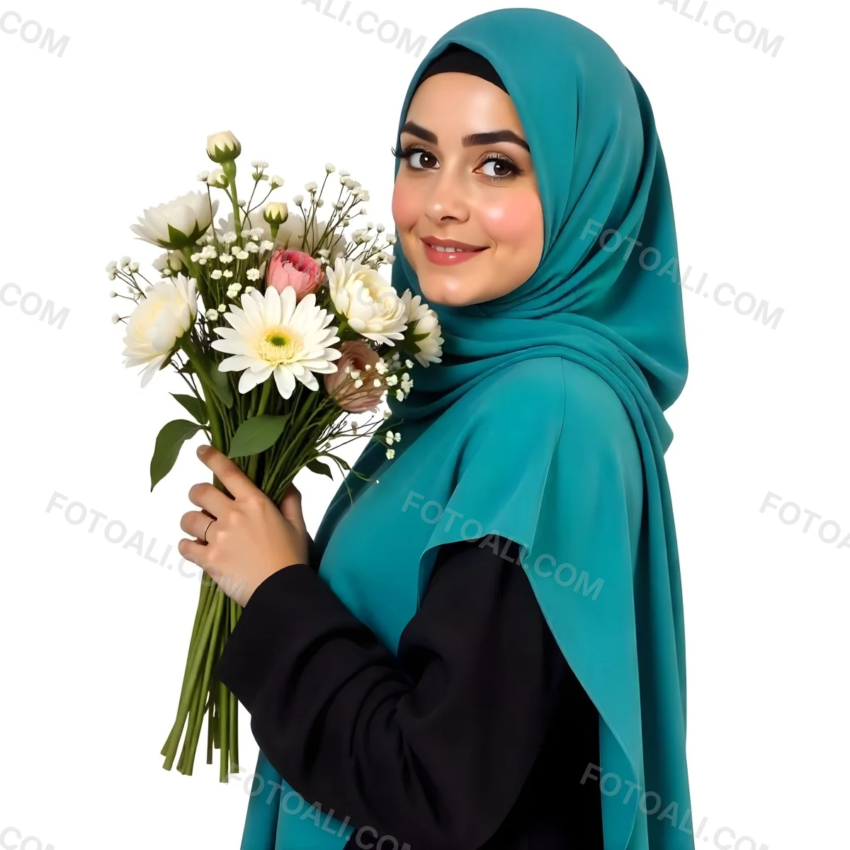 An Arab Woman 22 Years Old With A White Hijab Holding A Bouquet Of Flowers In A White Background 79 D781