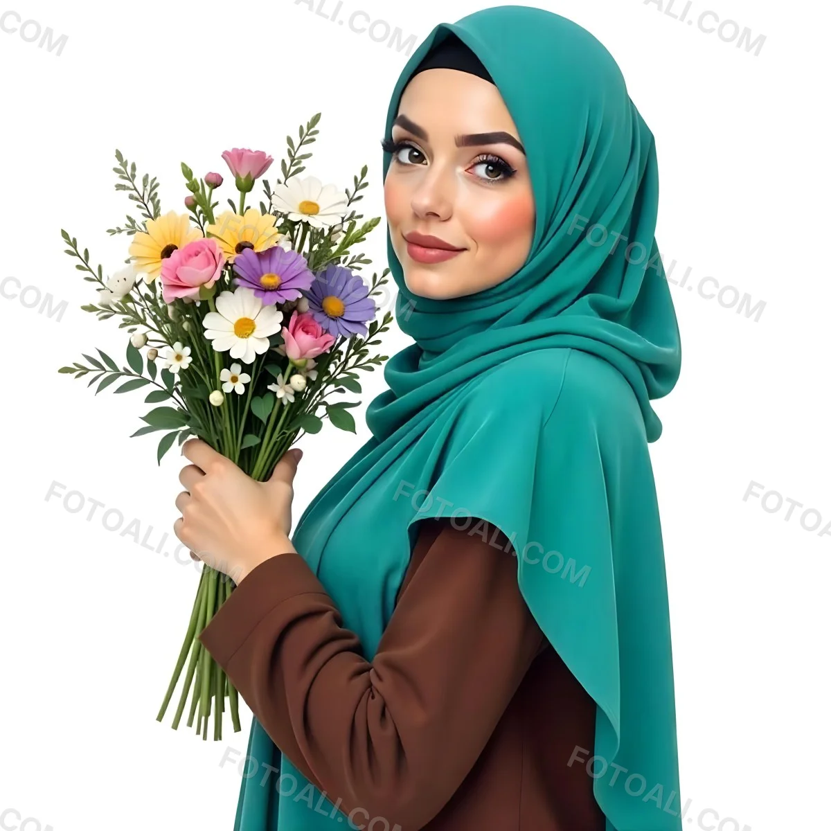 An Arab Woman 22 Years Old With A White Hijab Holding A Bouquet Of Flowers In A White Background 84 64bd