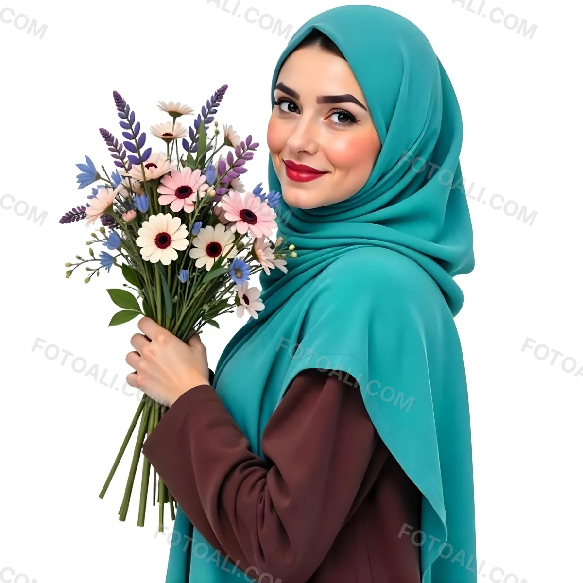 An Arab Woman 22 Years Old With A White Hijab Holding A Bouquet Of Flowers In A White Background 91 F52d