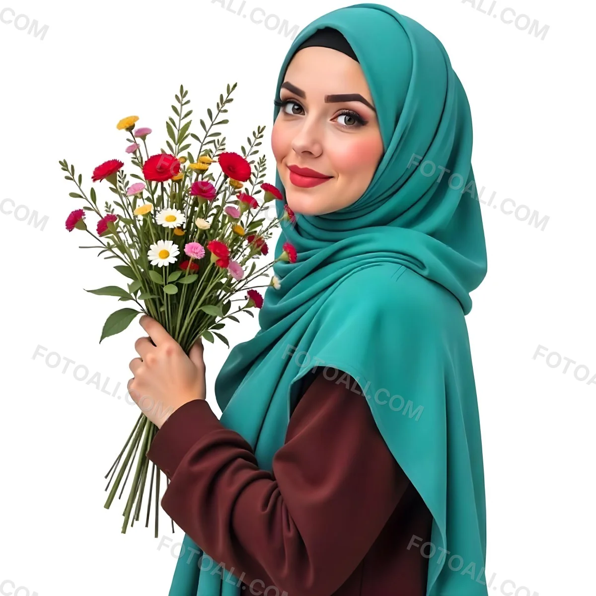 An Arab Woman 22 Years Old With A White Hijab Holding A Bouquet Of Flowers In A White Background 92 72ac