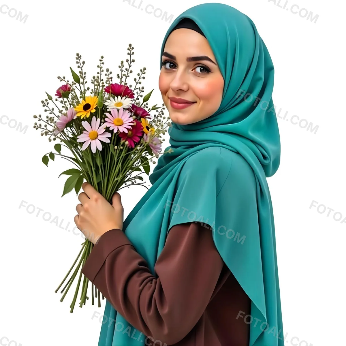 An Arab Woman 22 Years Old With A White Hijab Holding A Bouquet Of Flowers In A White Background 97 D6dc