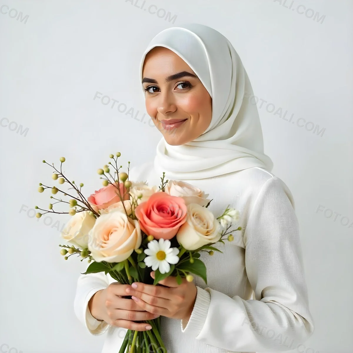 An Arab Woman 22 Years Old With A White Hijab Holding A Bouquet Of Flowers In A White Background 98 21e6