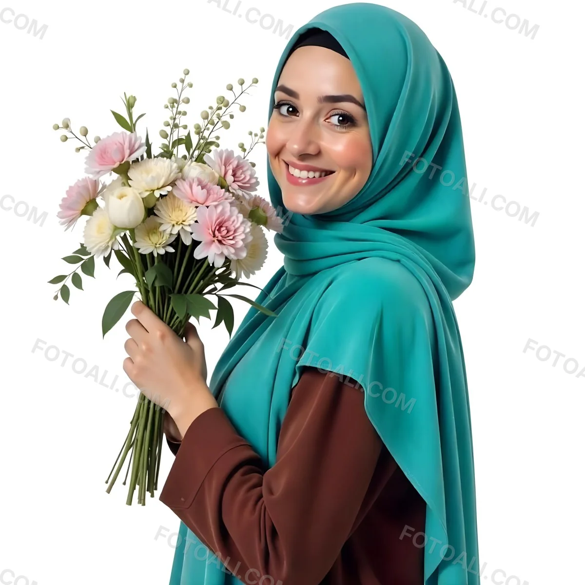 An Arab Woman 22 Years Old With A White Hijab Holding A Bouquet Of Flowers In A White Background 99 5ed4