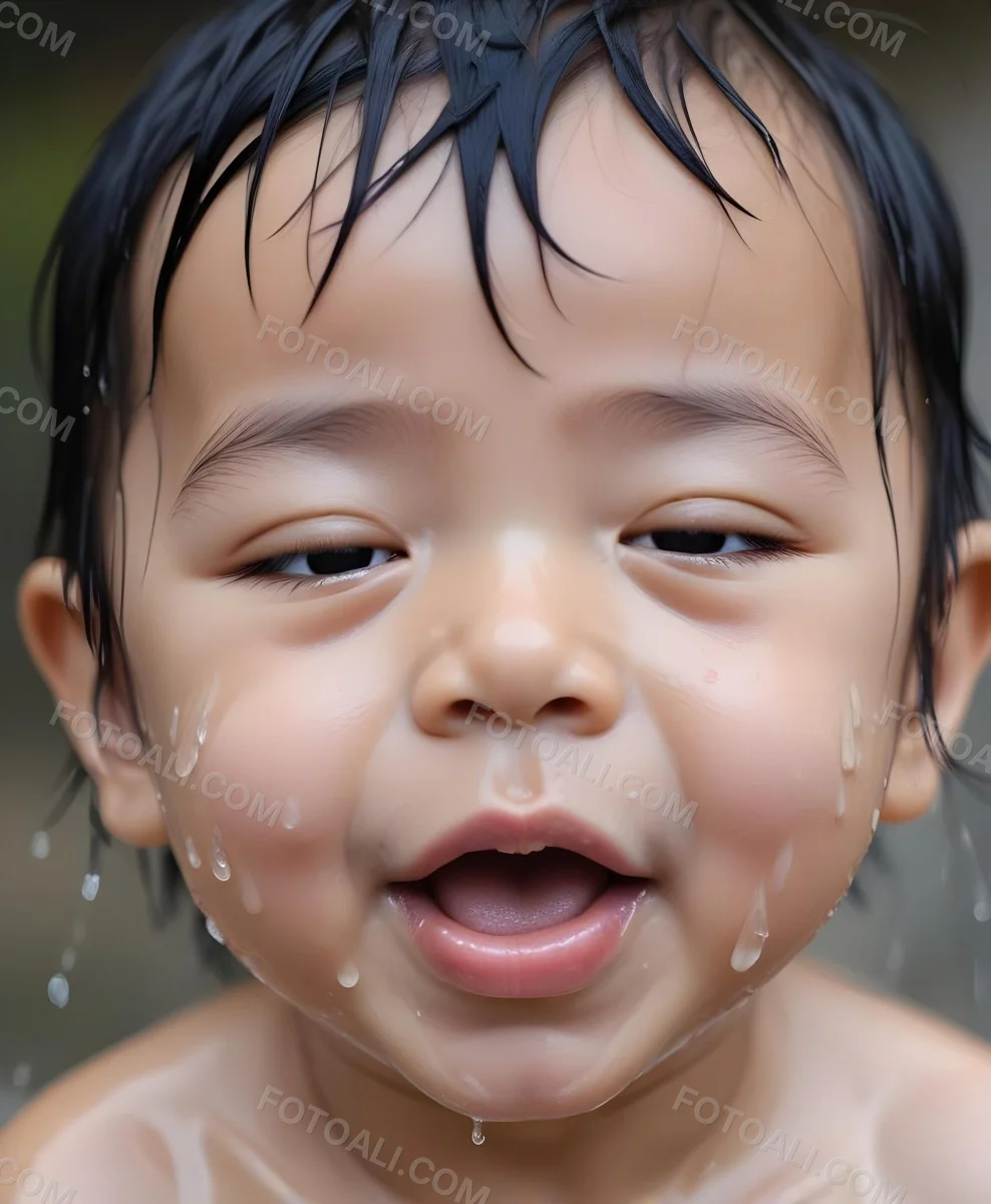 An Asian Boy 2 Years Old With Black Hair Water Falling On His Face Closed Eyes And Tongue Out In A Blurry Background 12 9b95