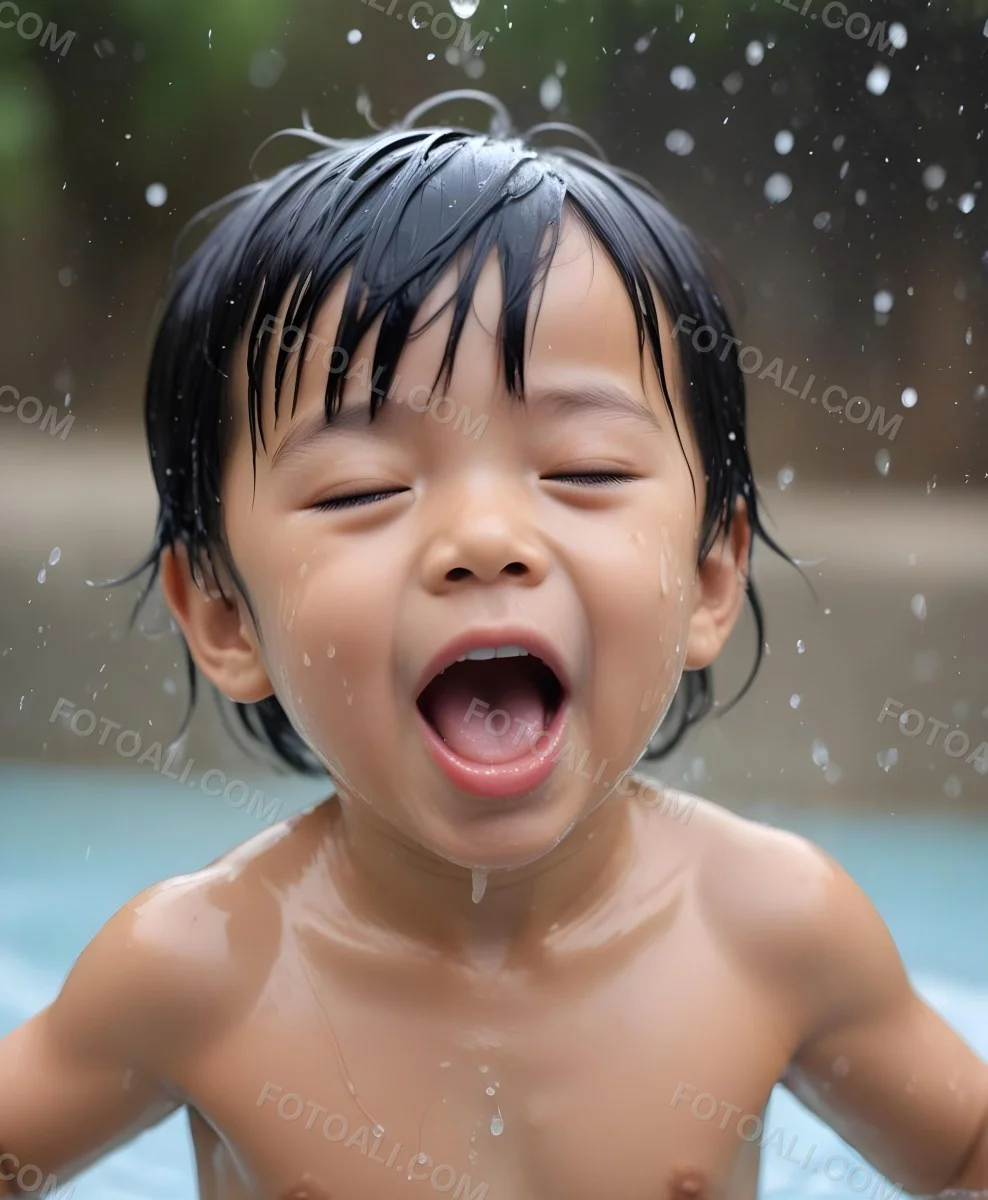 An Asian Boy 2 Years Old With Black Hair Water Falling On His Face Closed Eyes And Tongue Out In A Blurry Background 16 E7d1