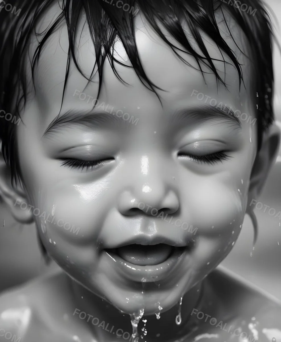 An Asian Boy 2 Years Old With Black Hair Water Falling On His Face Closed Eyes And Tongue Out In A Blurry Background 26 698c