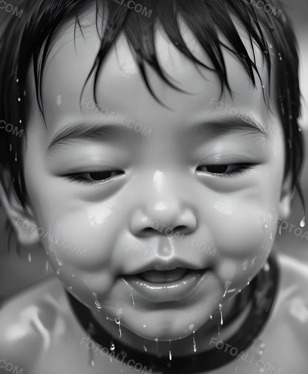 An Asian Boy 2 Years Old With Black Hair Water Falling On His Face Closed Eyes And Tongue Out In A Blurry Background 27 35b2