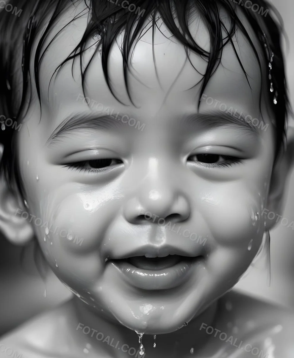 An Asian Boy 2 Years Old With Black Hair Water Falling On His Face Closed Eyes And Tongue Out In A Blurry Background 28 C4c9