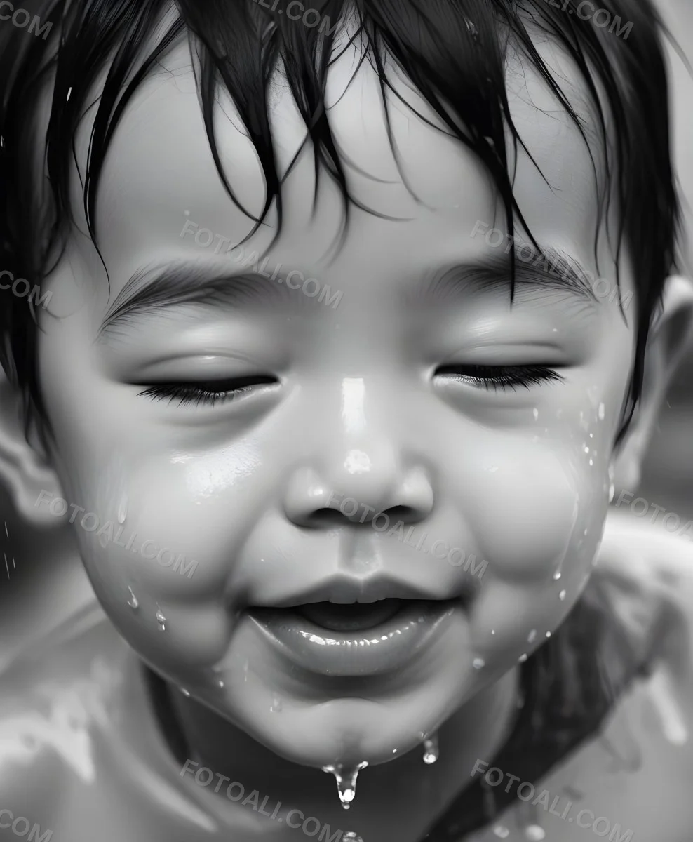 An Asian Boy 2 Years Old With Black Hair Water Falling On His Face Closed Eyes And Tongue Out In A Blurry Background 29 D7f5