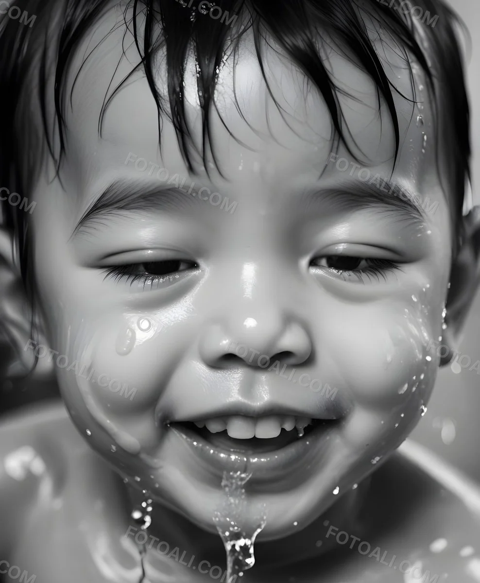 An Asian Boy 2 Years Old With Black Hair Water Falling On His Face Closed Eyes And Tongue Out In A Blurry Background 3 E5a7