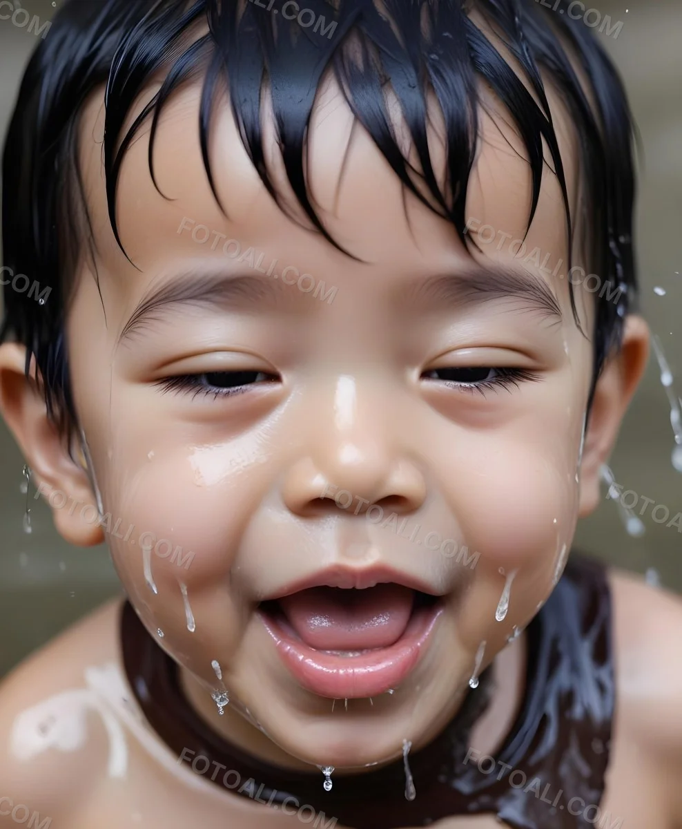 An Asian Boy 2 Years Old With Black Hair Water Falling On His Face Closed Eyes And Tongue Out In A Blurry Background 4 B400