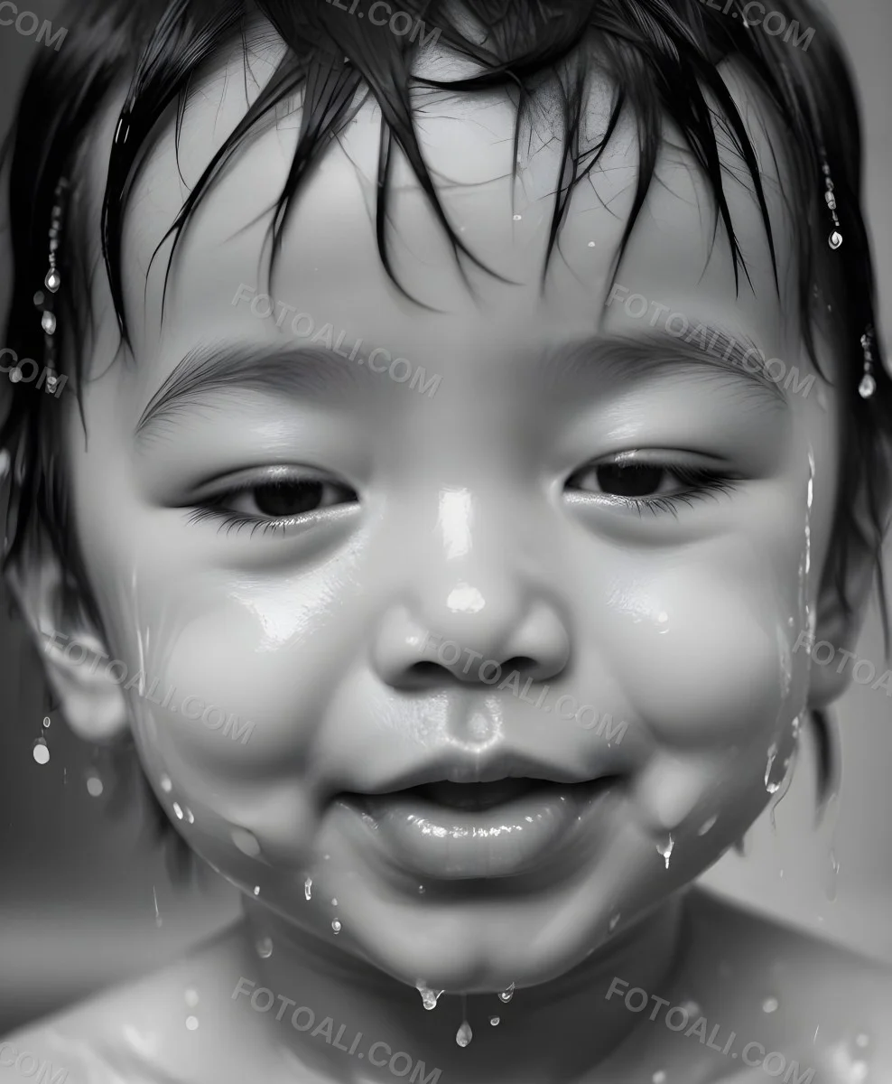 An Asian Boy 2 Years Old With Black Hair Water Falling On His Face Closed Eyes And Tongue Out In A Blurry Background 5 A03e