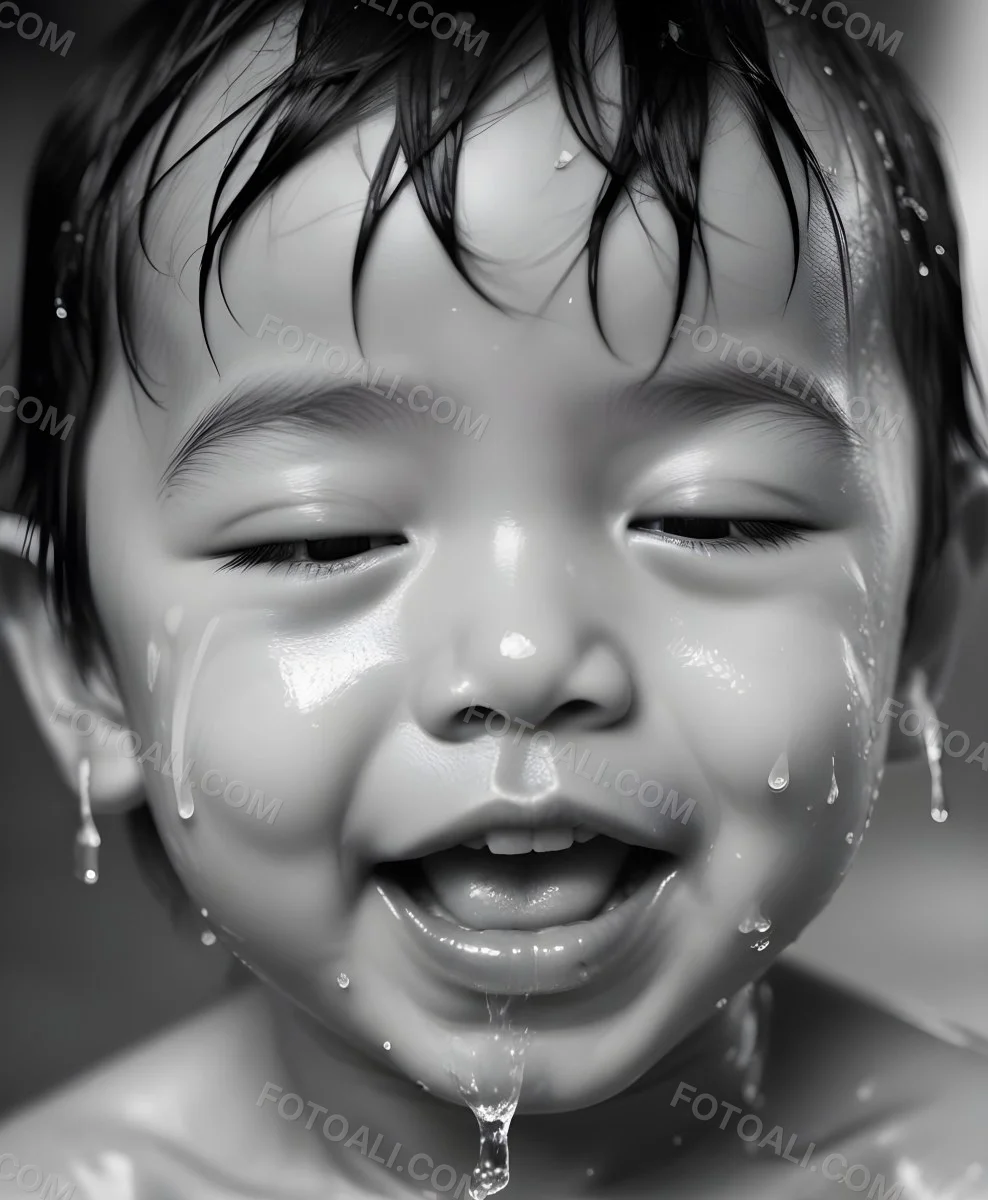 An Asian Boy 2 Years Old With Black Hair Water Falling On His Face Closed Eyes And Tongue Out In A Blurry Background 6 F760