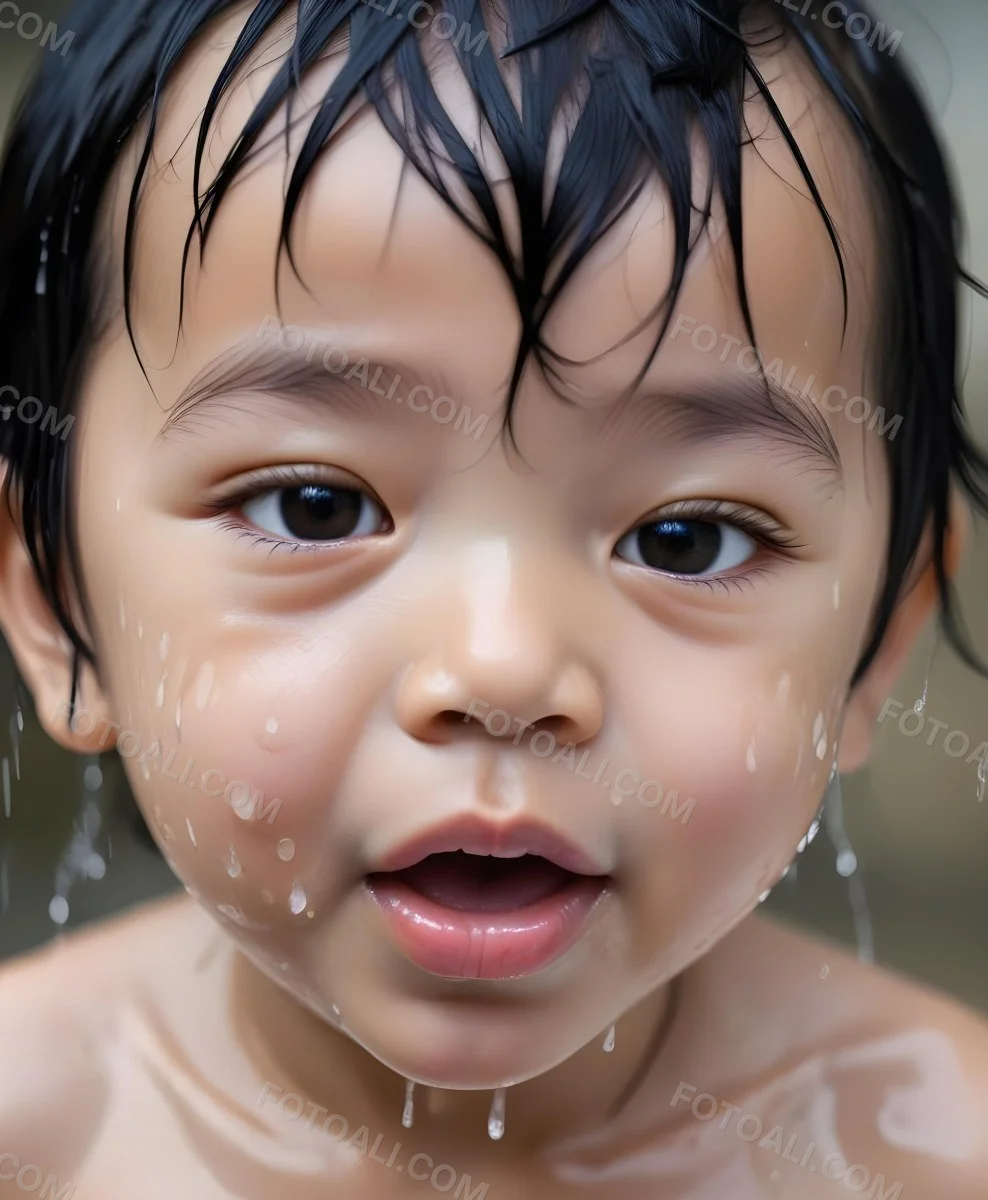 An Asian Boy 2 Years Old With Black Hair Water Falling On His Face Closed Eyes And Tongue Out In A Blurry Background 7 D5d2