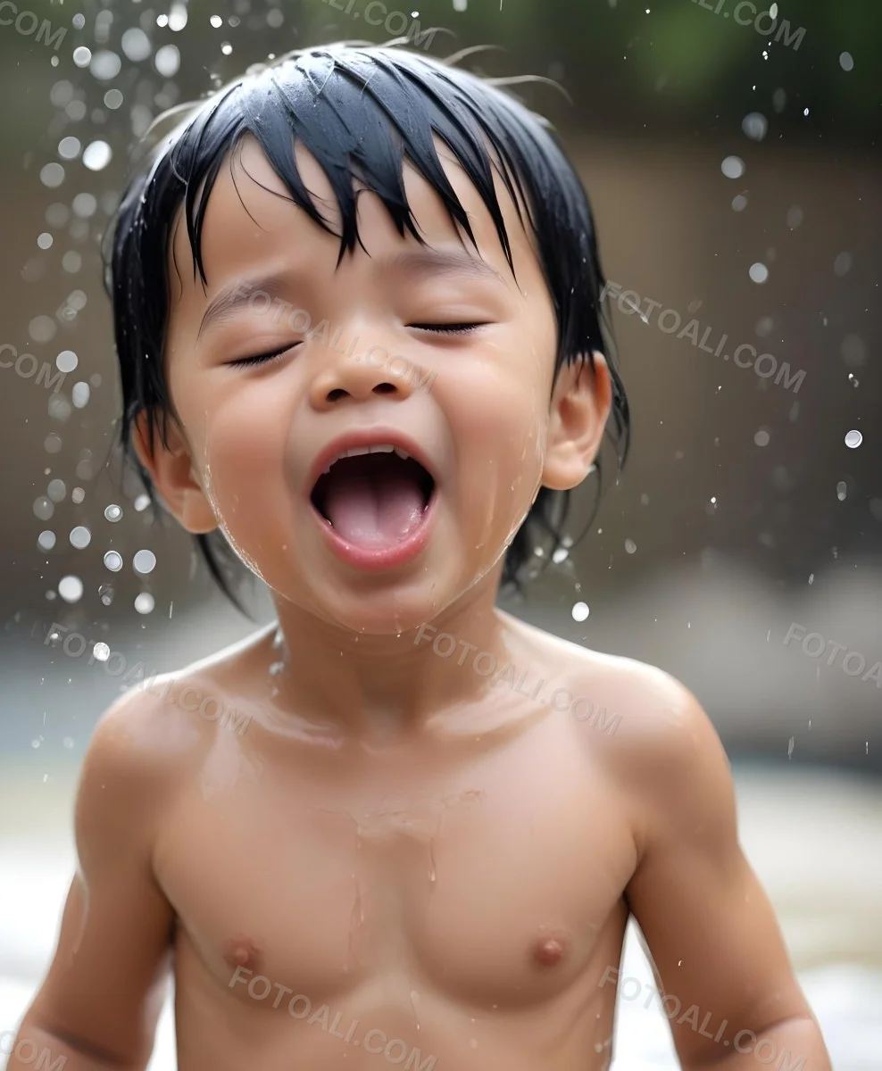 An Asian Boy 2 Years Old With Black Hair Water Falling On His Face Closed Eyes And Tongue Out In A Blurry Background 8 60b7