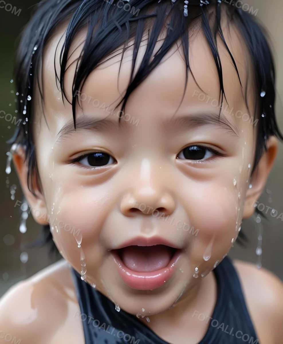 An Asian Boy 2 Years Old With Black Hair Water Falling On His Face Closed Eyes And Tongue Out In A Blurry Background 9 E0cc