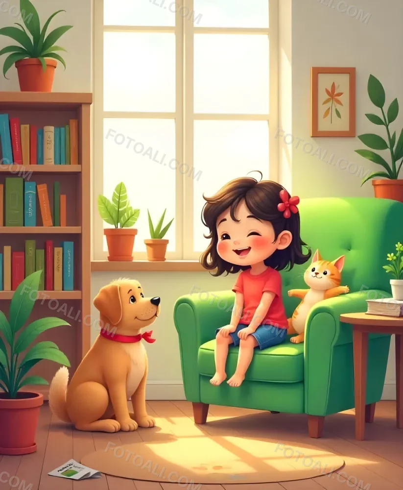 An Asian Girl 10 Years Old With Brown Hair In A Room With A Dog And A Cat Plants Books And A Green Armchair 12 B75e
