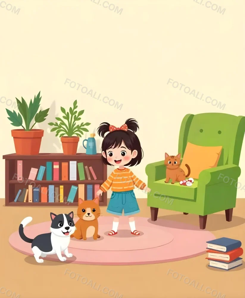 An Asian Girl 10 Years Old With Brown Hair In A Room With A Dog And A Cat Plants Books And A Green Armchair 21 88b1