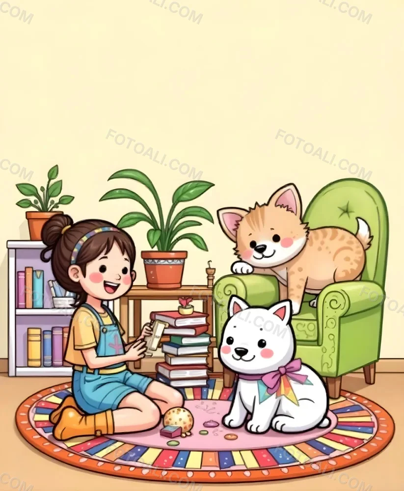 An Asian Girl 10 Years Old With Brown Hair In A Room With A Dog And A Cat Plants Books And A Green Armchair 24 096c