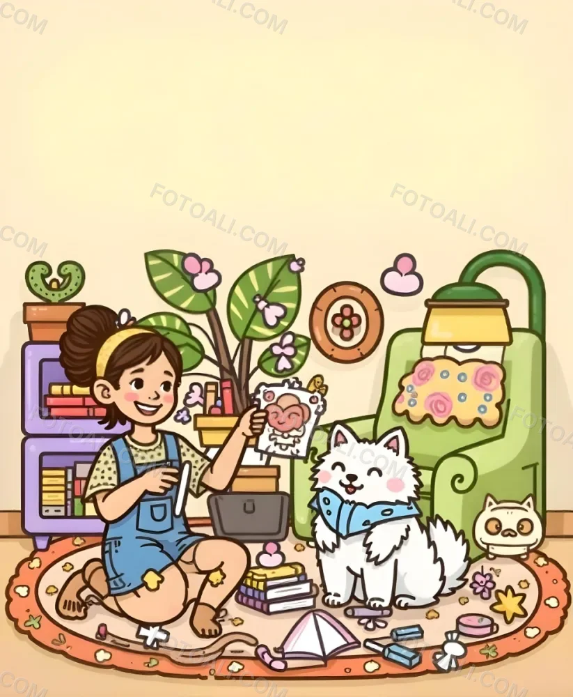 An Asian Girl 10 Years Old With Brown Hair In A Room With A Dog And A Cat Plants Books And A Green Armchair 25 4510