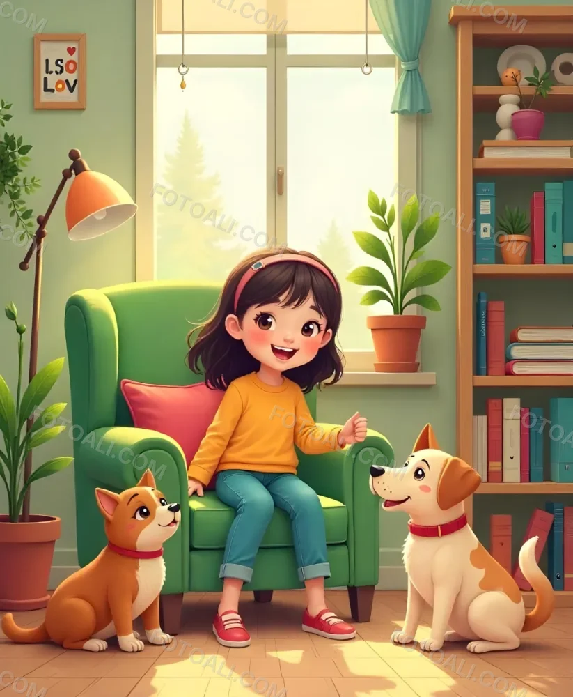 An Asian Girl 10 Years Old With Brown Hair In A Room With A Dog And A Cat Plants Books And A Green Armchair 28 F31c