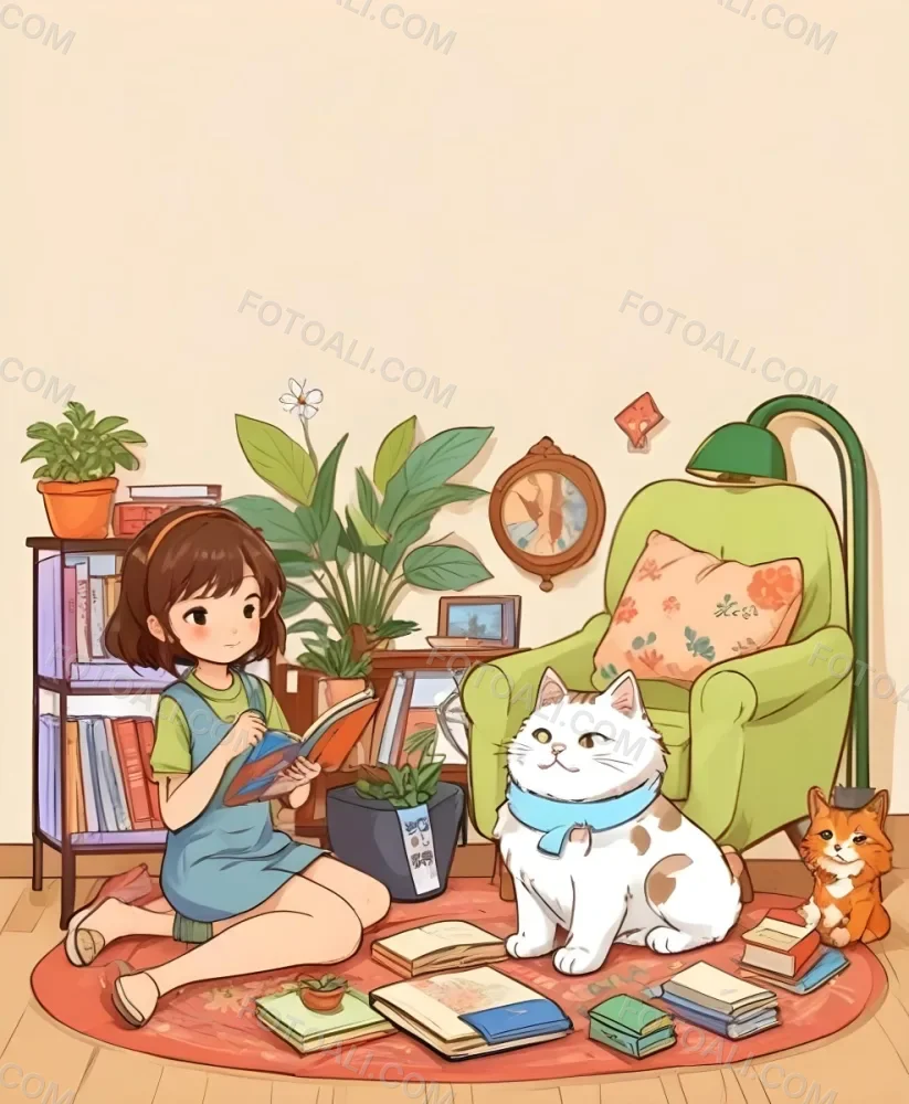 An Asian Girl 10 Years Old With Brown Hair In A Room With A Dog And A Cat Plants Books And A Green Armchair 31 749f