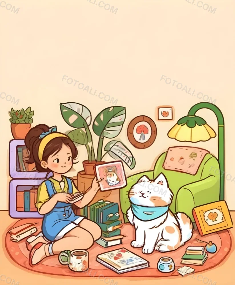 An Asian Girl 10 Years Old With Brown Hair In A Room With A Dog And A Cat Plants Books And A Green Armchair 34 1e08