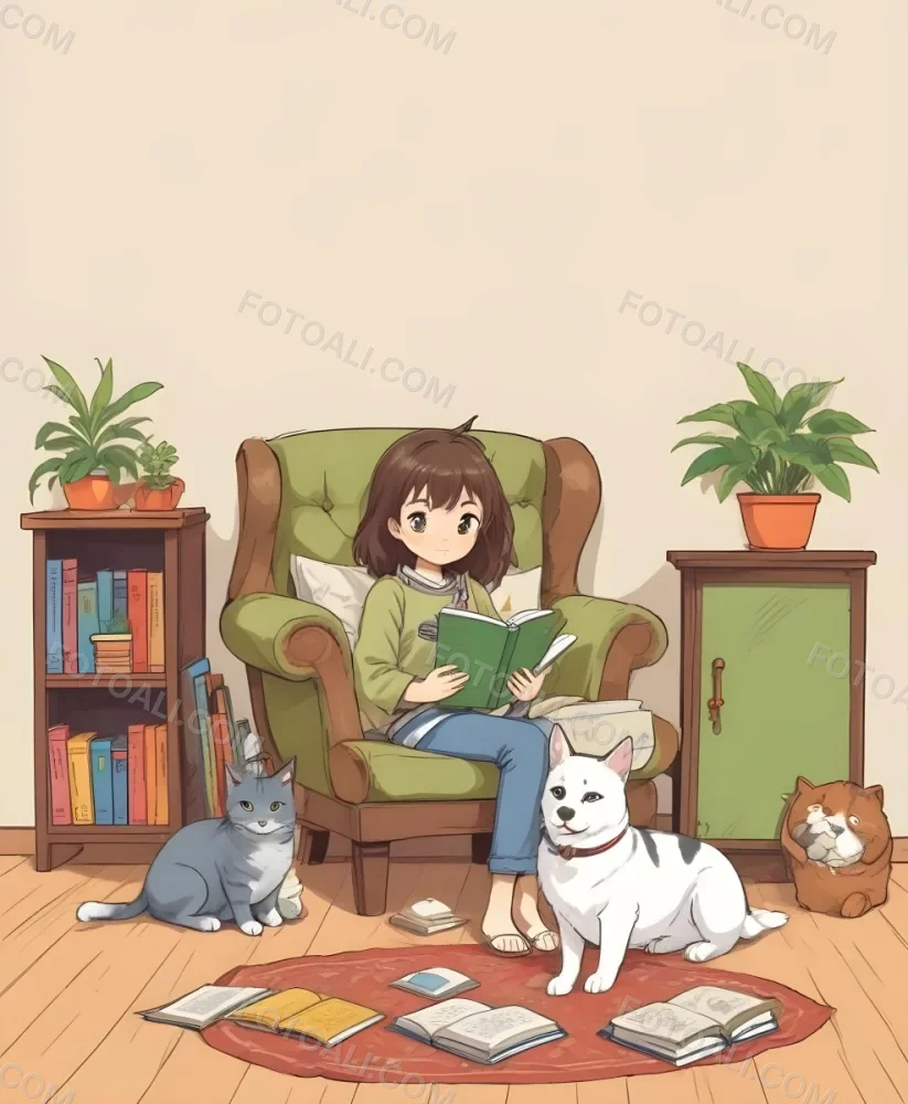 An Asian Girl 10 Years Old With Brown Hair In A Room With A Dog And A Cat Plants Books And A Green Armchair 35 Bfe7