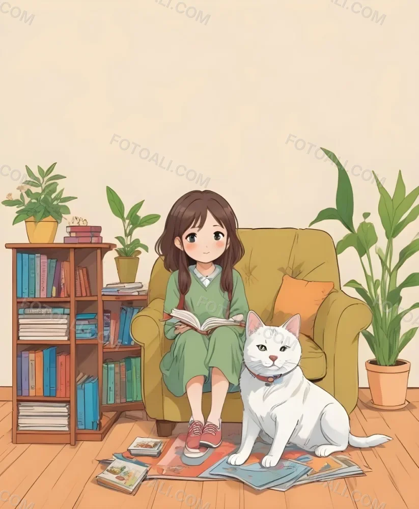 An Asian Girl 10 Years Old With Brown Hair In A Room With A Dog And A Cat Plants Books And A Green Armchair 36 E0e9