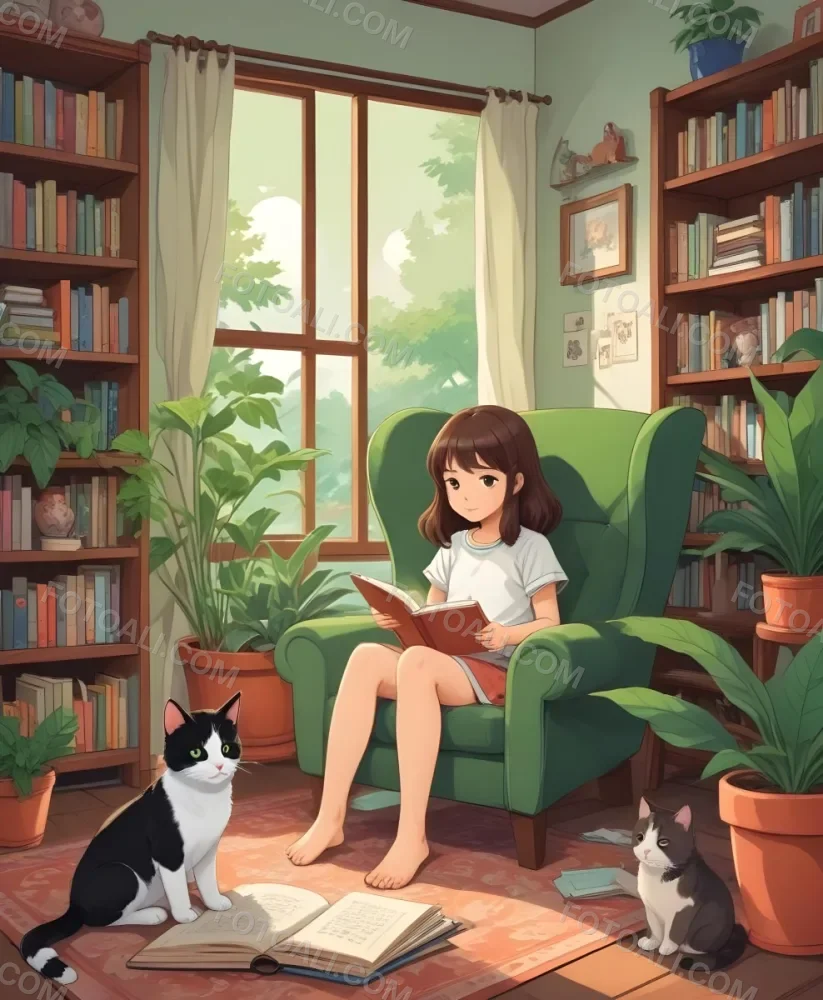 An Asian Girl 10 Years Old With Brown Hair In A Room With A Dog And A Cat Plants Books And A Green Armchair 37 Bebe