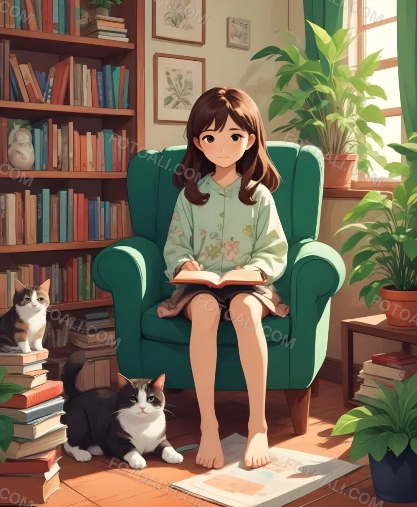 An Asian Girl 10 Years Old With Brown Hair In A Room With A Dog And A Cat Plants Books And A Green Armchair 38 4586