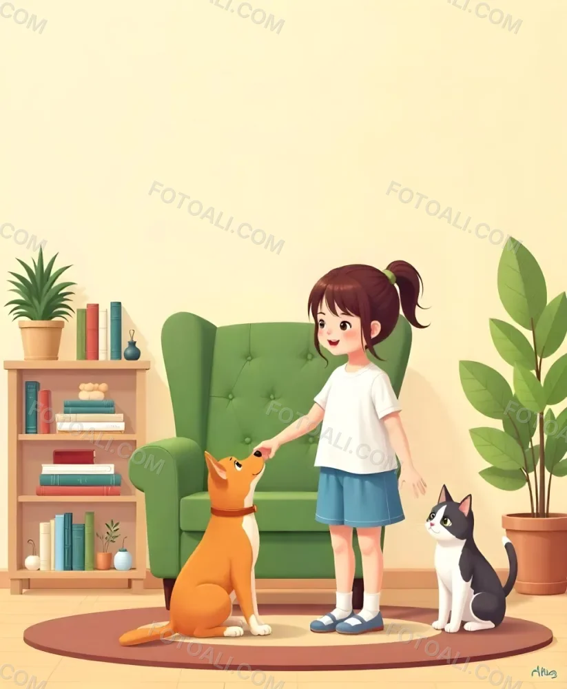 An Asian Girl 10 Years Old With Brown Hair In A Room With A Dog And A Cat Plants Books And A Green Armchair 5 0328