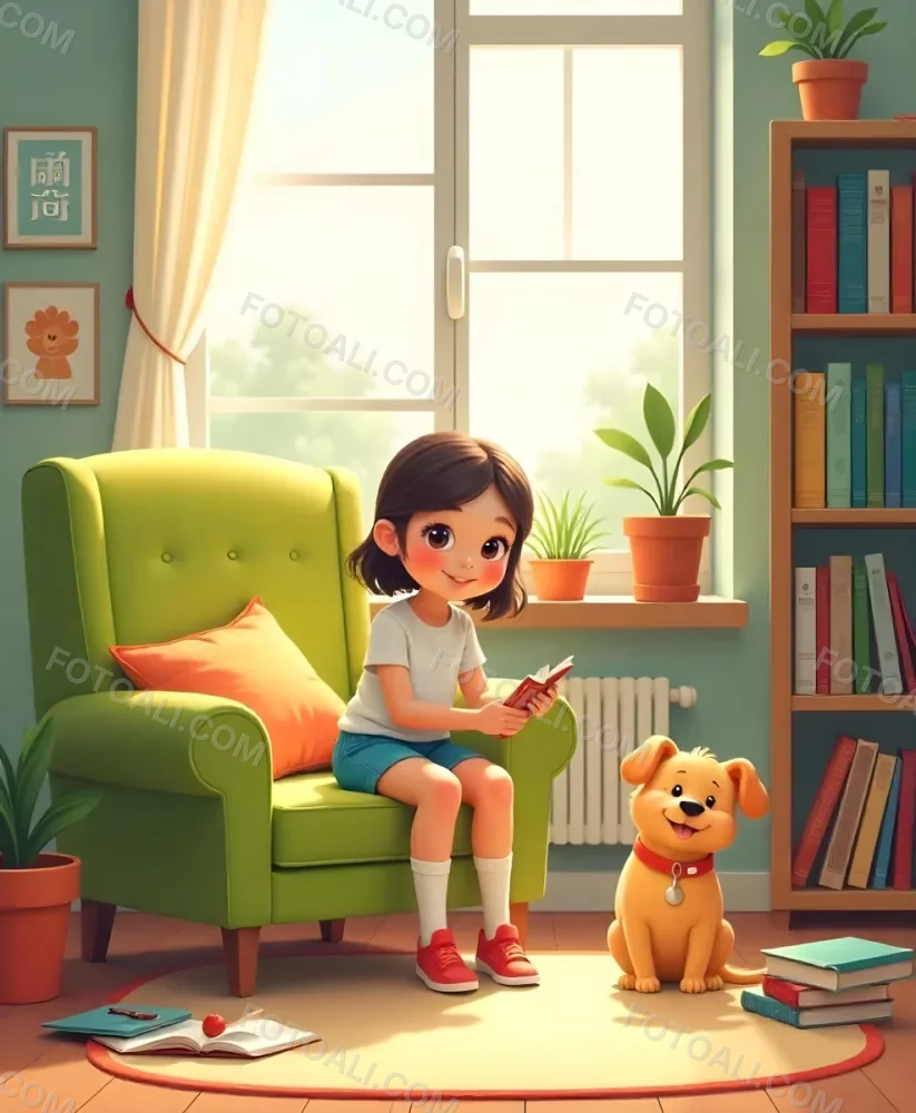 An Asian Girl 10 Years Old With Brown Hair In A Room With A Dog And A Cat Plants Books And A Green Armchair 6 68d9