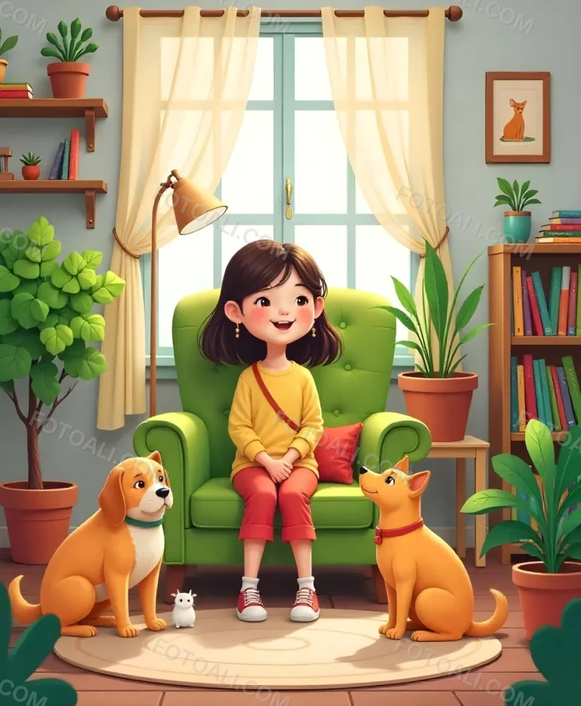 An Asian Girl 10 Years Old With Brown Hair In A Room With A Dog And A Cat Plants Books And A Green Armchair 9 6150