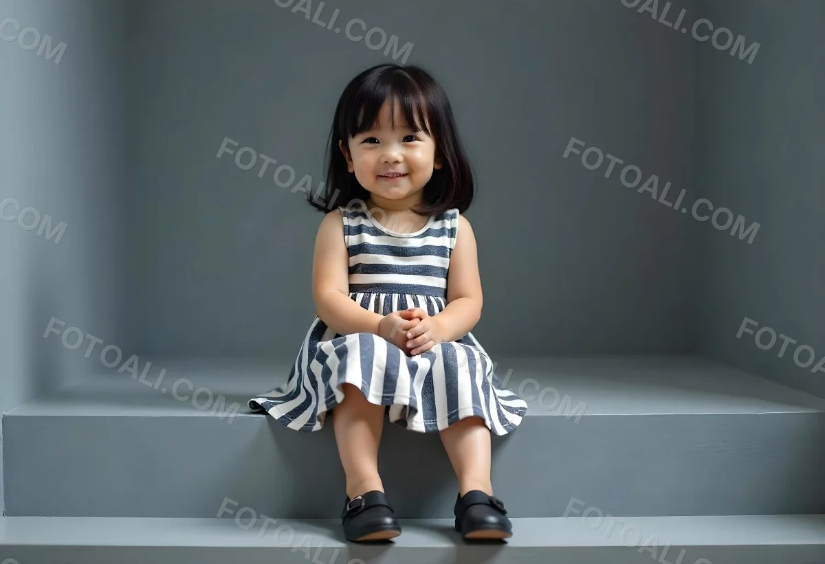 An Asian Girl 6 Years Old Black Hair Sitting On Gray Stairs Wearing A Striped Dress And Black Shoes Gray Background 14 0281